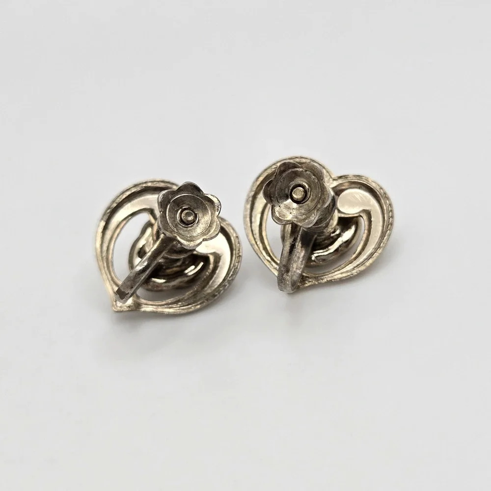Vintage Heart Earrings Pink Rhinestone Silvertone Screwbacks Classic Retro Twee